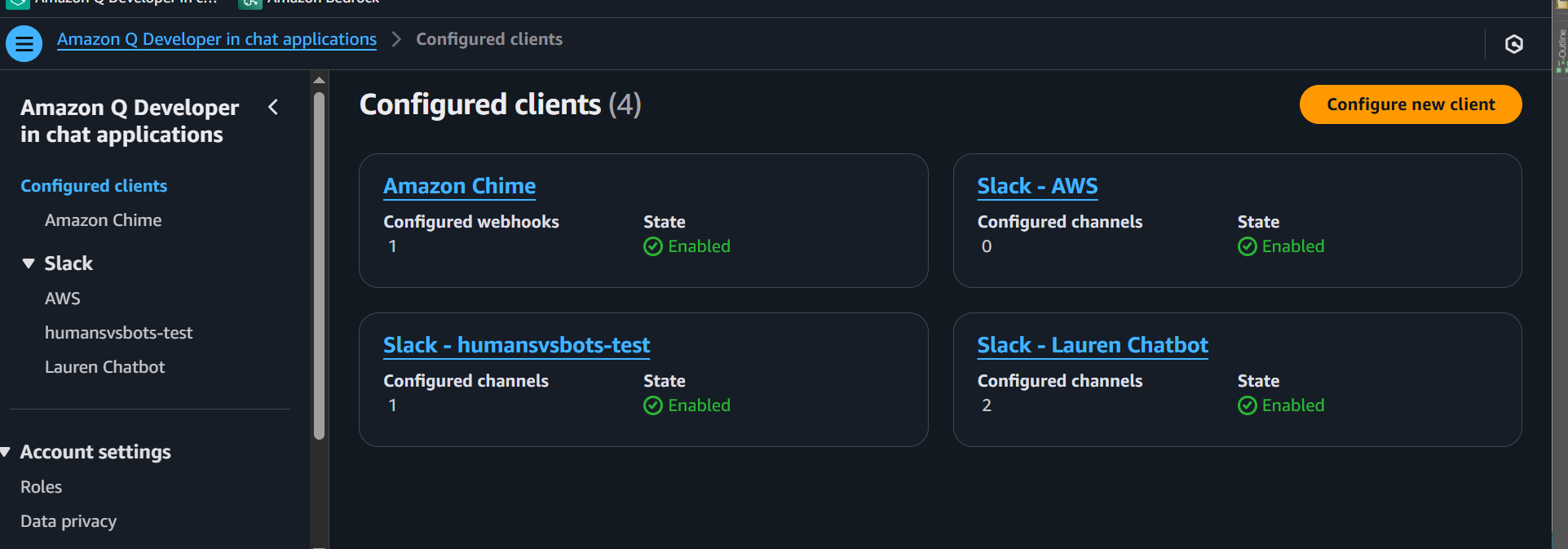 Amazon Q Developer in chat applications console showing configured clients