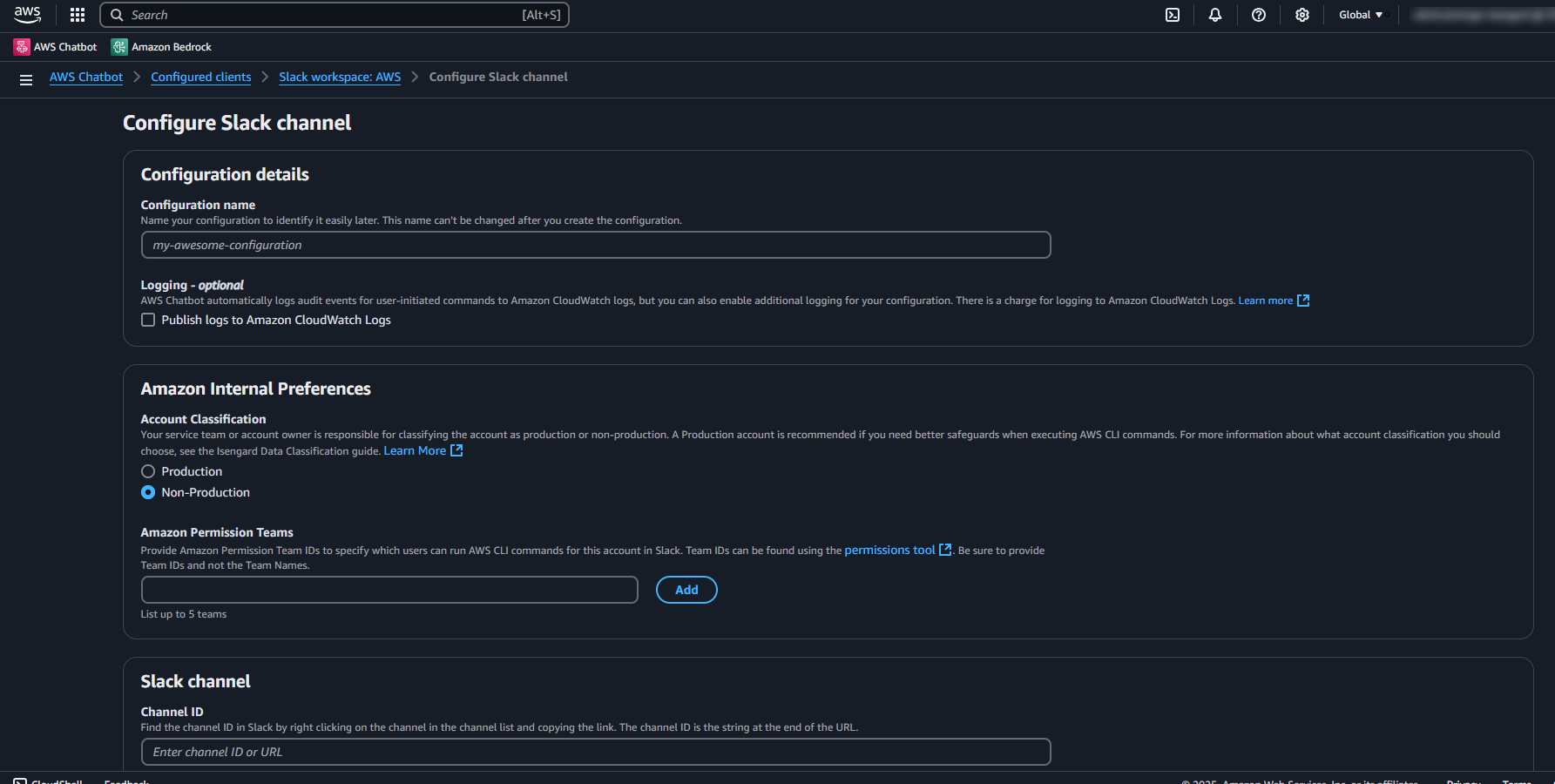 Slack channel configuration page showing configuration details, Amazon internal preferences, and Slack channel fields