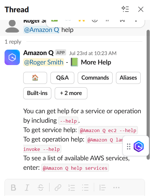 Slack thread showing Amazon Q help output with quick-reply buttons